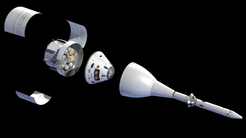 From ESA: "The ESA-provided European Service Module behind the crew capsule as it will be configured for Orion’s Exploration Mission. During launch, the module is encapsulated by three fairings, while the crew capsule is covered by the Launch Abort System." Image Credit: NASA