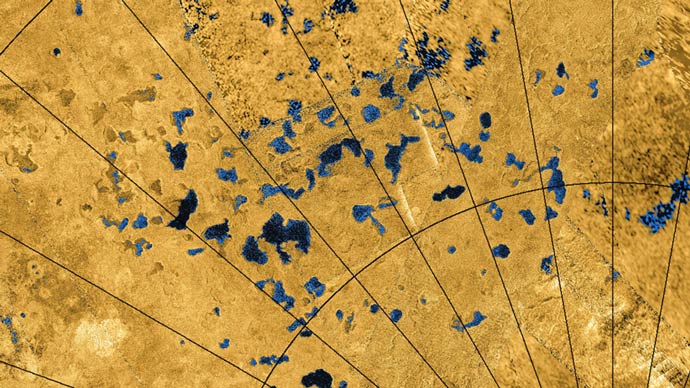 Colored mosaic of lakes near Titan's north pole. Image Credit: NASA/JPL-Caltech/ASI/USGS