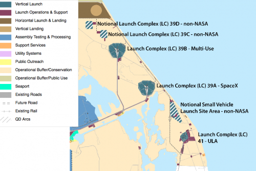 A map provided in the KSC Master Plan shows an additional launch complex (LC-39D) and a Vertical Landing Area above LC-39B and -39C. There is also a “Notional Small Vehicle Launch Site” between LC-39A and LC-41.  Image credit: NASA  