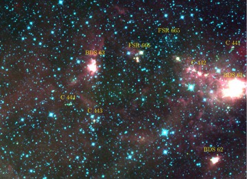 An image taken with the WISE spacecraft, showing the newly discovered stellar cluster aggregate  in the Milky Way's Perseus arm. Image Credit: D. Camargo et al (2015)/Monthly Notices of the Royal Astronomical Society, Vol. 450, Issue 4.