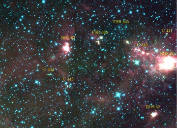 An image taken with the WISE spacecraft, showing the newly discovered stellar cluster aggregate in the Milky Way's Perseus arm. Image Credit: D. Camargo et al (2015)/Monthly Notices of the Royal Astronomical Society, Vol. 450, Issue 4.