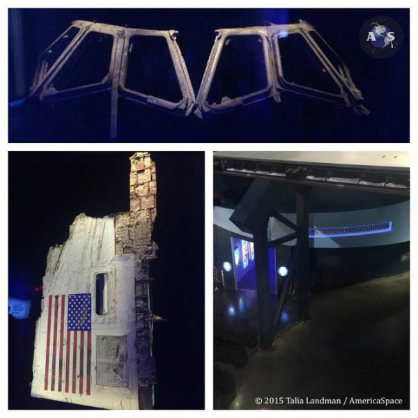 Top: Columbia cockpit windows. Bottom left: Challenger left side body panel. Bottom right: Entrance into the exhibit under space shuttle Atlantis at KSCVC. Photo Credit: Talia Landman / AmericaSpace 
