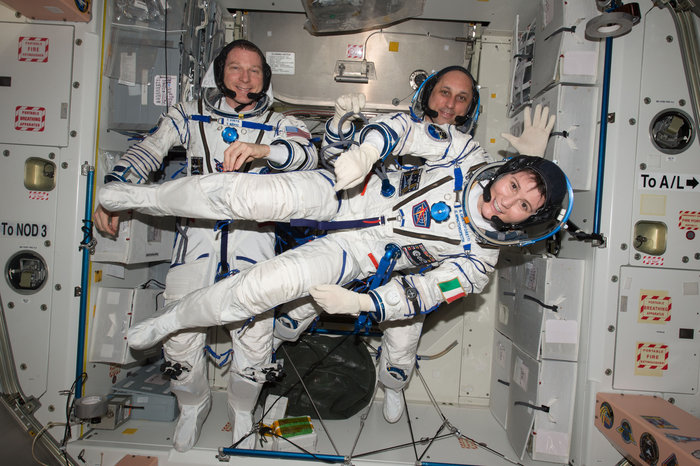 The Soyuz TMA-15M crew, clad in their Sokol (Falcon) launch and entry suits, will return to Earth on Thursday, after more than 199 days in orbit. Photo Credit: European Space Agency (ESA)