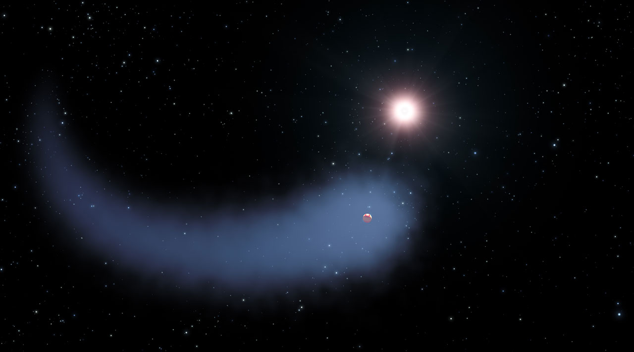 An artist's concept of the vast envelope of atomic hydrogen that envelopes the nearby helium-dominated exoplanet Gliese 436b. The radiation pressure from the planet's host star causes the gradual escape over time of significant amounts of hydrogen from Gliese 436b's atmosphere into space, which subsequently forms a large comet-like tail that follows the planet in its orbit around its star. Image Credit: NASA, ESA, and G. Bacon (STScI)
