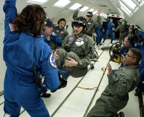 NASA and Microsoft engineers tested Project Sidekick and the Microsoft HoloLens aboard NASA’s Weightless Wonder C9 jet to ensure they function as expected in free-fall in advance of their delivery to the microgravity environment of the space station. Image Credit: NASA/Microsoft