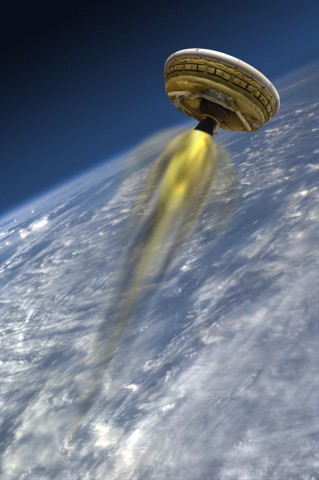 From NASA: "This artist's concept shows the test vehicle for NASA's Low-Density Supersonic Decelerator (LDSD), designed to test landing technologies for future Mars missions." Photo Credit: NASA / JPL-Caltech