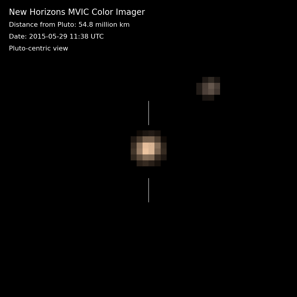 A color animation of Pluto and Charon, assembled from a series of images that were taken with New Horizons' onboard Multi-spectral Visible Imaging Camera, or MVIC, between May 29-June 3. This specific view shows the Pluto-Charon system from a Pluto-centric point of view, with Pluto positioned at the center of the frame and Charon slowly revolving around it. Pluto's north pole is at the top. Image Credit: NASA/Johns Hopkins University Applied Physics Laboratory/Southwest Research Institute 
