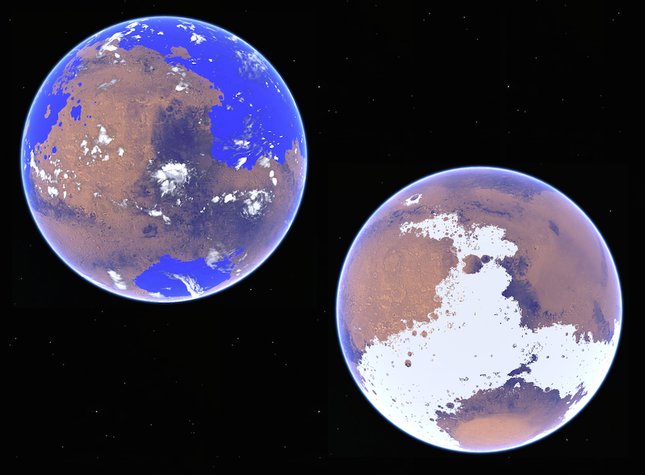 Conceptual image of the two competing warm or cold models of early Mars. Image Credit: Robin D. Wordsworth