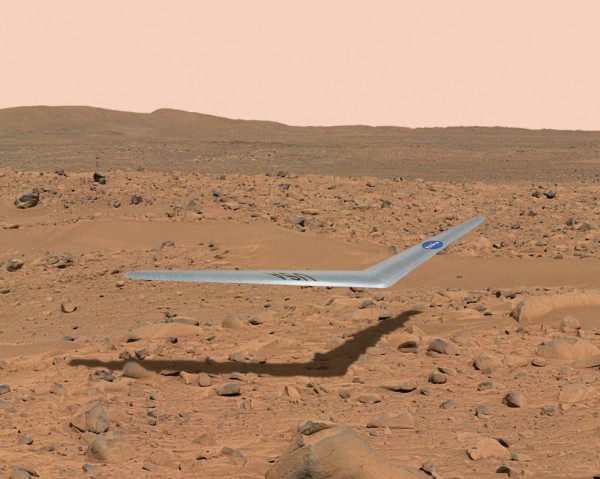 Artist's conception of the Prandtl-m airplane flying above the surface of Mars. Image Credit: NASA Illustration/Dennis Calaba