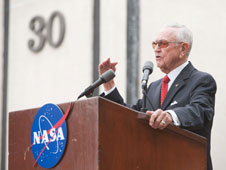 Chris Kraft speaks at the dedication of the Mission Control Center (MCC) in his name in April 2011. Photo Credit: NASA
