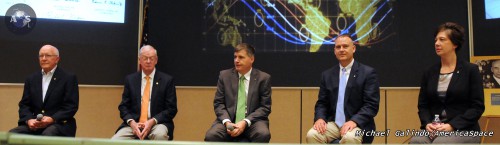 Flight directors past and present gathered at the Mission Control Center (MCC) on Wednesday, 3 June, to share in the 50th anniversary of MCC-Houston. From left are former JSC Director Gerry Griffin, former Gemini and Apollo Flight Director Glynn Lunney, Space Shuttle Flight Director Steve Stich, Shuttle and International Space Station (ISS) Flight Director Norm Knight and ISS Flight Director Emily Nelson. Photo Credit: Michael Galindo/AmericaSpace