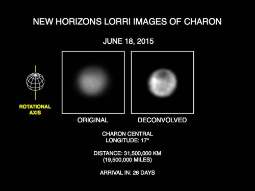 The latest images of Pluto's moon Charon, taken with New Horizons' LORRI camera on June 18, which are the best ever yet, revealing the presence of unexpected details on the surface of the distant moon, including an enigmatic dark patch on its north pole. Image Credit: NASA/Johns Hopkins University Applied Physics Laboratory/Southwest Research Institute