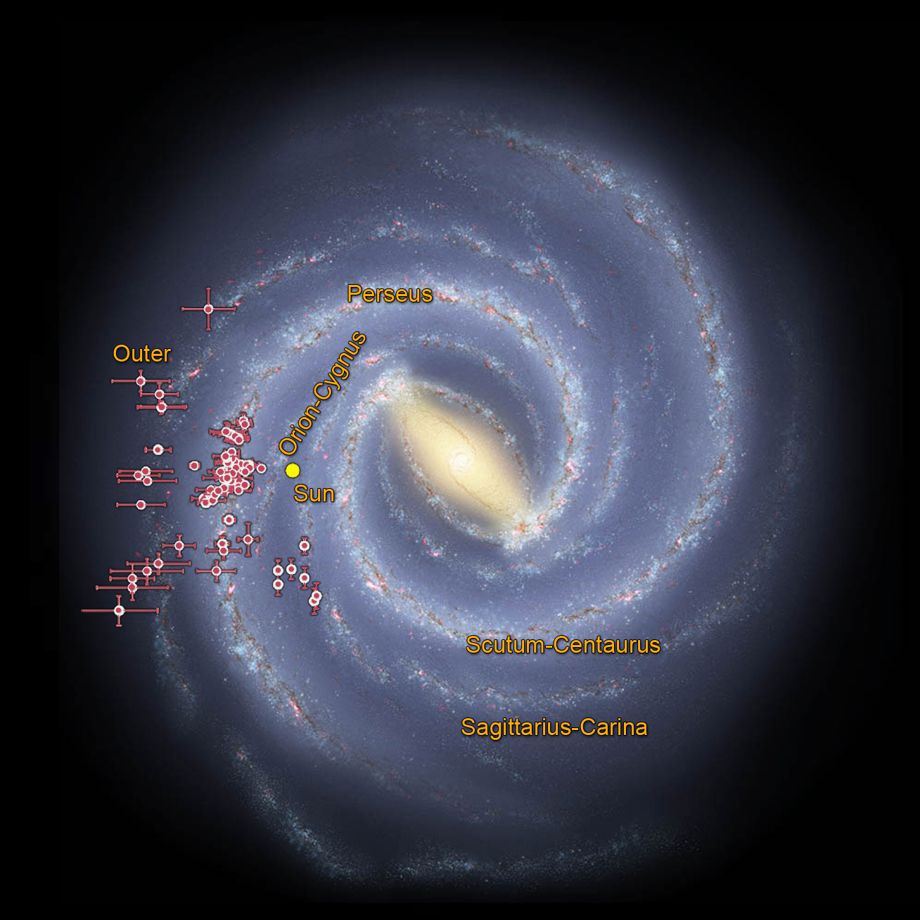 Using data from NASA's WISE spacecraft, astronomers were able to trace the shape of our Milky Way galaxy's spiral arms, by revealing the presence of hundreds of open clusters of very young stars shrouded in dust, called embedded clusters, which are known to reside in spiral arms. The image shows the location of the newly discovered stellar clusters along the Milky Way's spiral arms. Image Credit: NASA/JPL-Caltech/R. Hurt (SSC/Caltech)