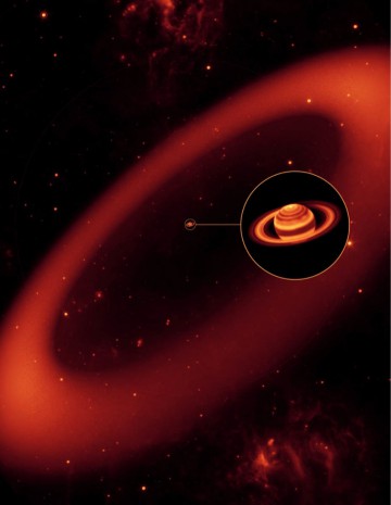 Artist's conception of the vast Phoebe ring, as seen in infrared light. Image Credit: NASA/JPL/Space Science Institute