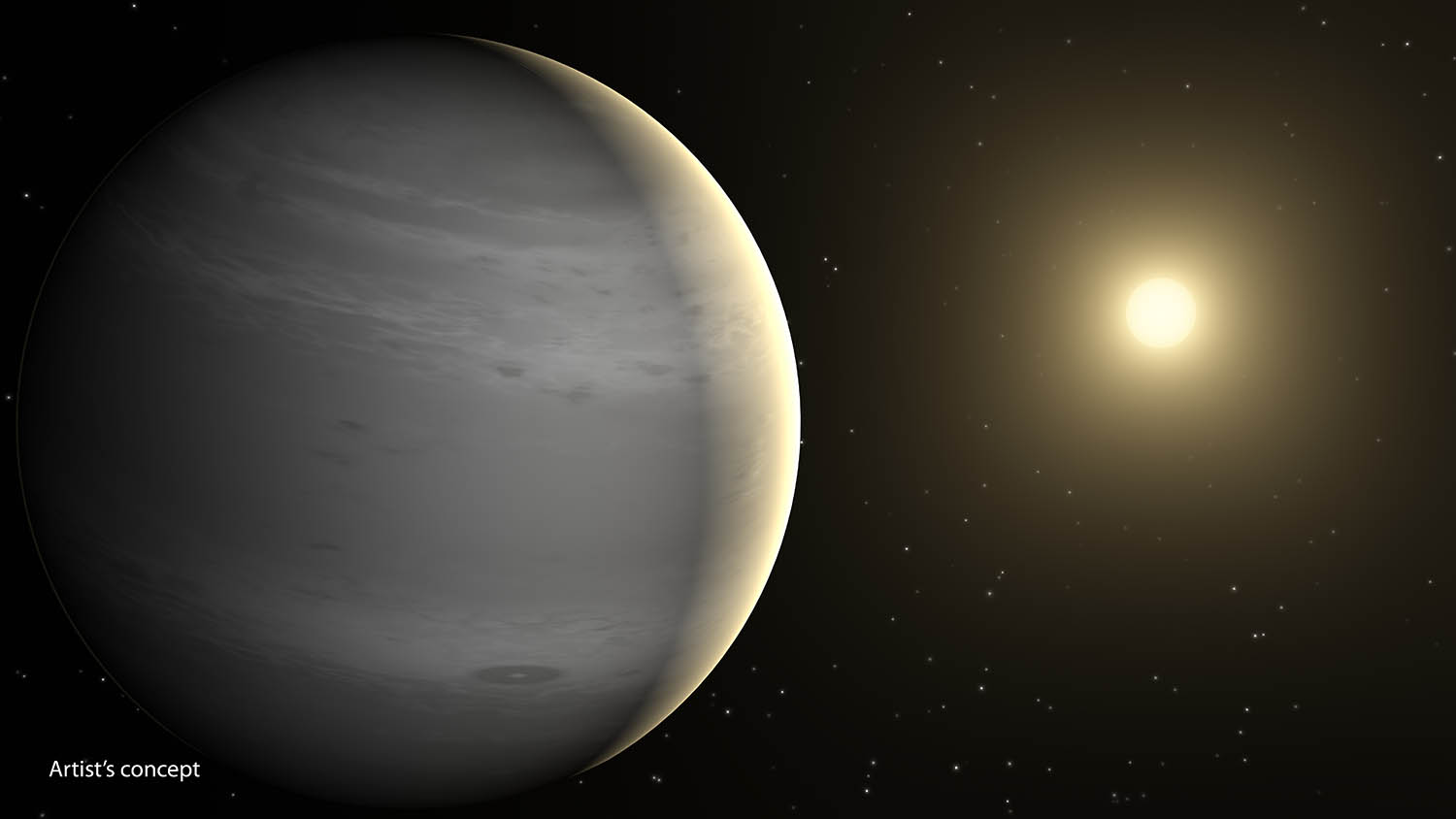 Artist's concept of the exoplanet Gliese 436b as it might look like to our eyes. Since the planet's atmospheric hydrogen is being depleted with time leaving behind a helium-dominated atmosphere, scientists predict that Gliese 436b would appear covered in white or gray clouds. Image Credit: NASA/JPL-Caltech