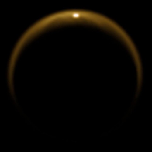 Sunglint off the surface of a Titan lake, the first time such a sunglint has been seen on another world. Image Credit: NASA/JPL/University of Arizona/DLR