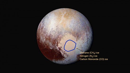 Within the circled region of Pluto’s Sputnik Planum, New Horizons Ralph instrument has detected frozen methane, nitrogen, and carbon monoxide. Image Credit/Caption: NASA/Johns Hopkins University Applied Physics Laboratory/Southwest Research Institute