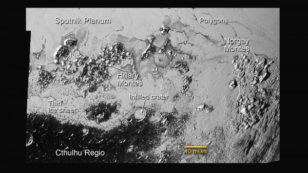 Annotated image of the southern region of Pluto’s Sputnik Planum, revealing the region's greatly diverse terrain. Image Credit: NASA/Johns Hopkins University Applied Physics Laboratory/Southwest Research Institute