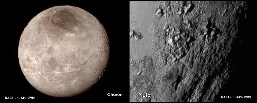 Pluto’s largest moon Charon (left) has a surprising youthful and varied terrain, with cliffs, troughs and a dark marking nicknamed 'Mordor' in the moon's north polar region. New close-up images of a region near Pluto’s equator (right) reveal a giant surprise -- a range of youthful mountains rising as high as 11,000 feet (3,500 meters) above the surface of the icy body. Credits: NASA/JHU APL/SwRI