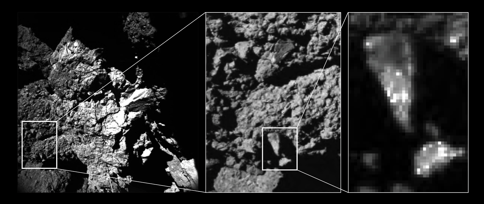 From ESA: "Zooming in to a portion of the fractured cliff face imaged by CIVA camera 4 reveals brightness variations in the comet’s surface properties down to centimetre and millimetre scales. The dominant constituents are very dark conglomerates, likely made of organics. The brighter spots could represent mineral grains, perhaps even pointing to ice-rich materials.  The left hand image shows one of the CONSERT antennas in the foreground, which seems to be in contact with the nucleus. The dimensions of the antenna, 5 mm in diameter and 693 mm long, help to provide a scale to the image." Image Credit: ESA/Rosetta/Philae/CIVA