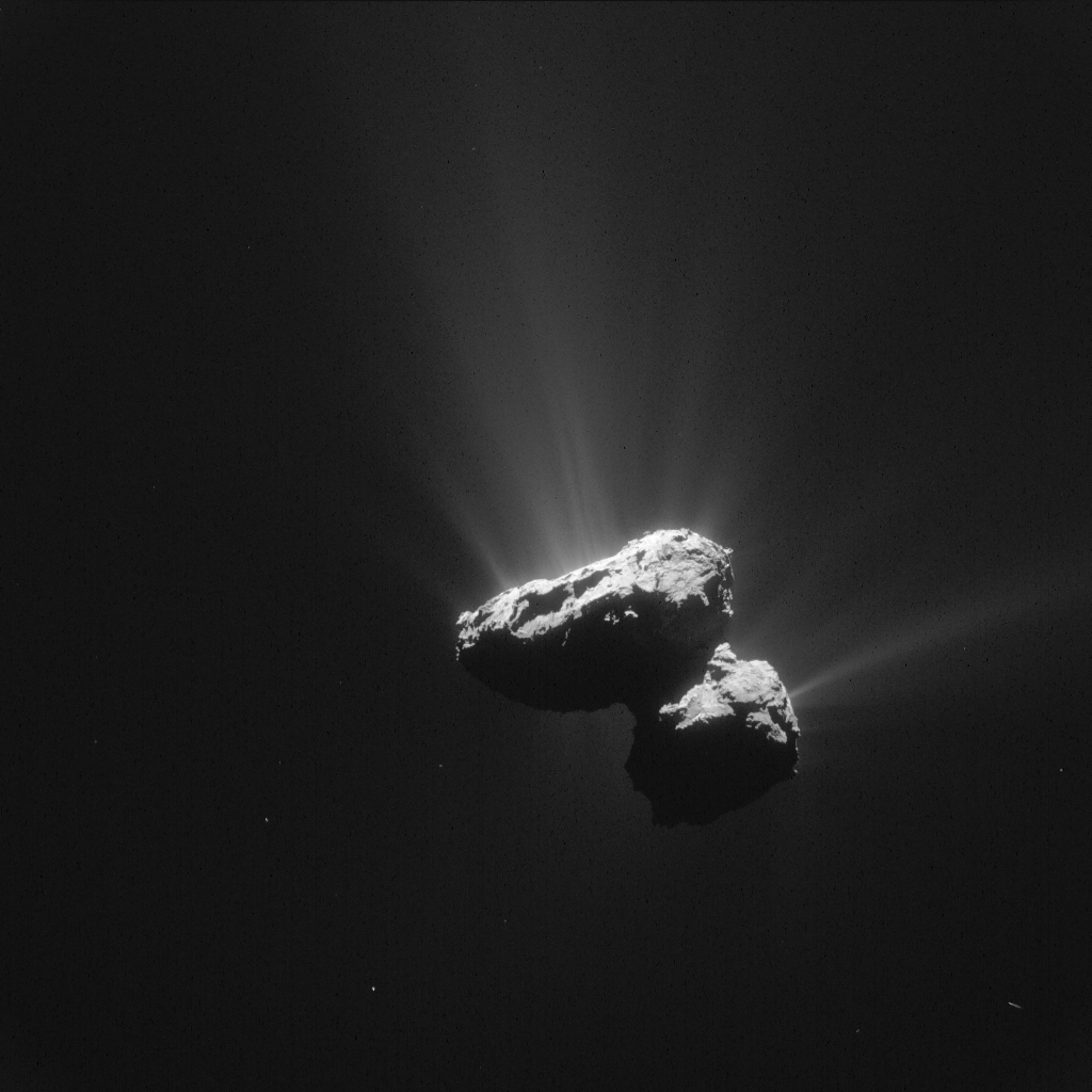 From ESA: "“This single frame Rosetta navigation camera image of Comet 67P/Churyumov-Gerasimenko was taken on 14 July 2015 from a distance of 161 km from the comet centre. The image has a resolution of 13.7 m/pixel and measures 14 km across.” Image Credit: ESA/Rosetta/NAVCAM – CC BY-SA IGO 3.0
