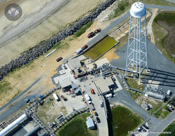 An aerial view of Launch Pad 0A at the Mid-Atlantic Regional Spaceport shows construction progress as of June 29, 2015. Photo Credit: Elliot Severn / AmericaSpace