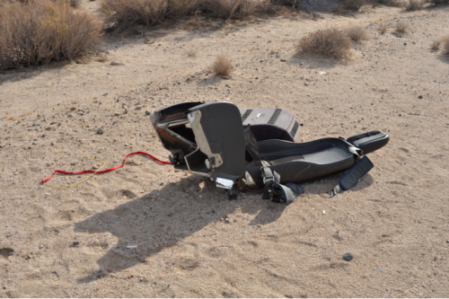 The pilot's seat was recovered at the crash site with harness intact. Photo Credit: Kern County Sheriff's Office