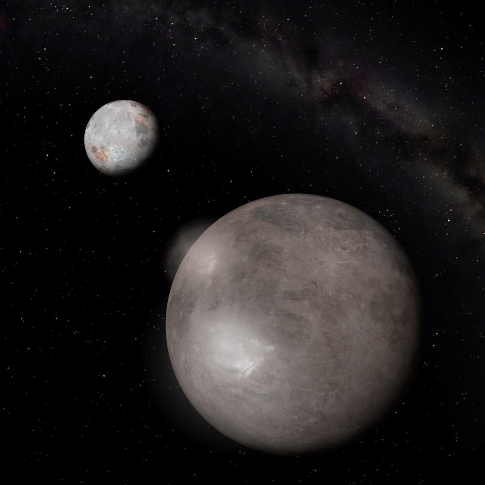 An artist's concept of Charon (at front), with Pluto seen in the background. Equally as fascinating and exciting as Pluto, Charon has sported its own set of intriguing mysteries and unanswered questions, some of which include the exciting possibility for the existence of geyser-like surface eruptions, underground layers of liquid water and even the pressence of a shared atmosphere with Pluto itself. Image Credit: Software Bisque/Mark C. Petersen, Loch Ness Productions/DigitalSky 2/Sky-Skan, Inc.