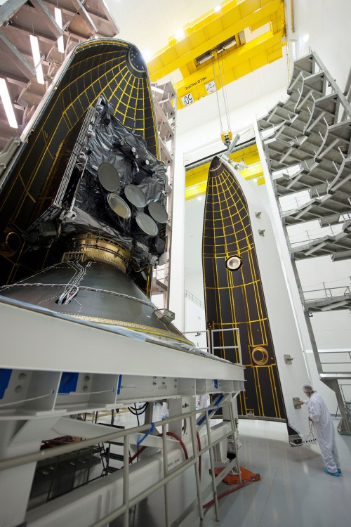 The WGS 7 spacecraft is placed in its 5 meter fairing at the commercial Astrotech Space Operations facility near Cape Canaveral. Photo Credit: ULA