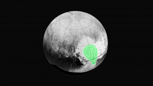 A map of the famous heart-shaped Tombaugh Regio on Pluto, overlaid with data taken from New Horizons' onboard Ralph instrument, which show a localised abundance of carbon monoxide ice (green-colored region). The contours indicate that the concentration of frozen carbon monoxide increases towards the western side of Tombaugh Regio. Image Credit: NASA/Johns Hopkins University Applied Physics Laboratory/Southwest Research Institute