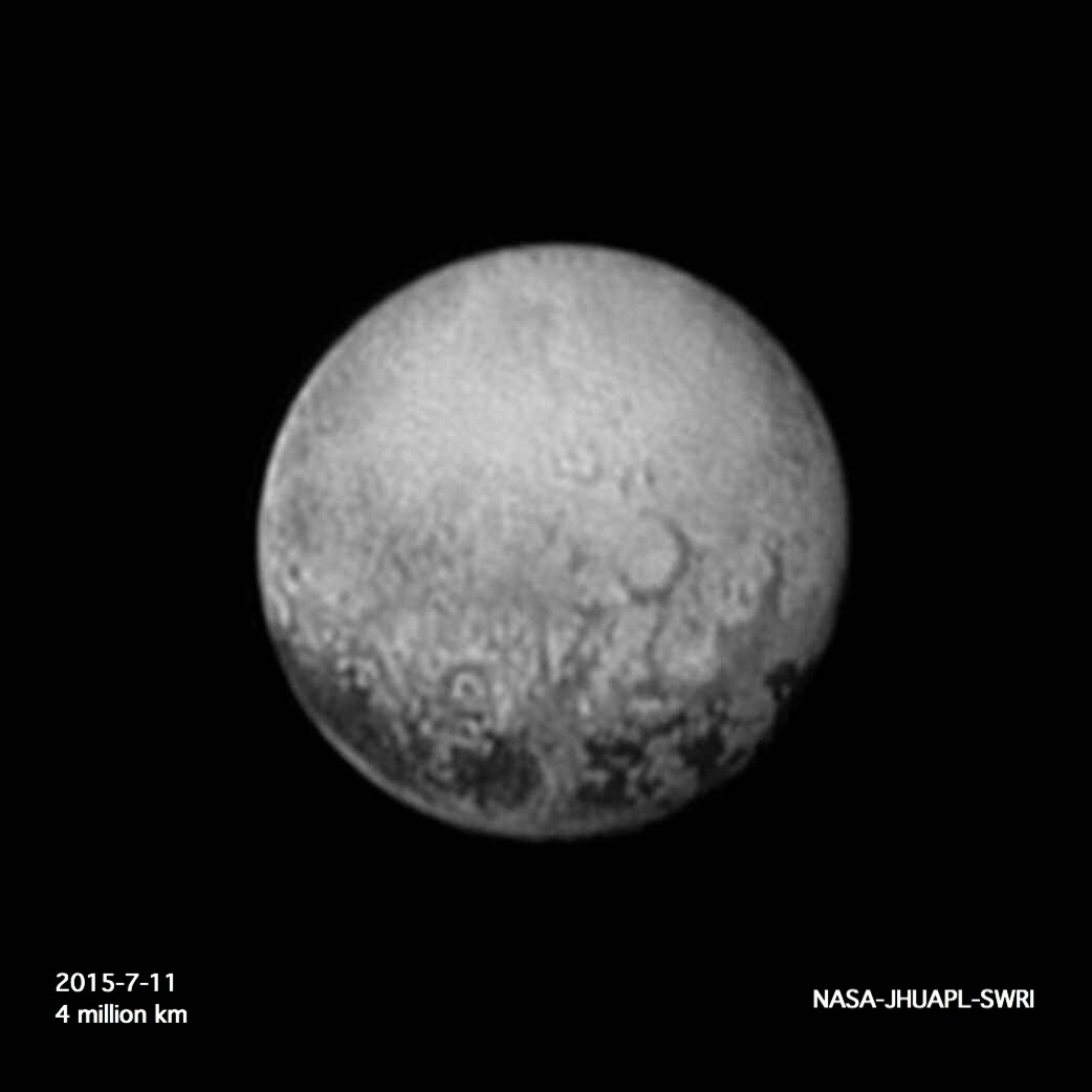 Pluto's Charon-facing hemisphere, as seen by the New Horizons spacecraft for the last time on july 11, from a distance of 4 million km away. The image clearly shows newly-resolved linear features above the equatorial region that intersect, suggestive of polygonal shapes. Image Credit/Caption:  NASA/JHUAPL/SWRI