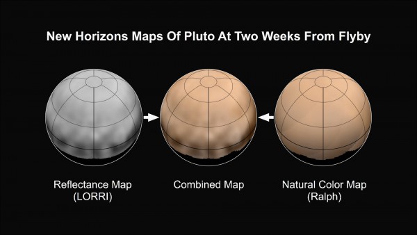 The newest maps of Pluto, as of two weeks before closest approach. A black and white reflectance map has been combined with a natural color map to produce the map in the center. Four dark patches of about the same size and spacing can also be seen in these and other recent images. Image Credit: NASA/JHUAPL/SWRI
