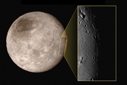 A close-up image (at the upper left corner of the inset) of an intriguing area on Charon, showing an enigmatic depression with a peak in the middle, The image shows an area approximately 390 kilometers from top to bottom, including few visible craters. Image Credit/Caption: NASA/Johns Hopkins University Applied Physics Laboratory/Southwest Research Institute
