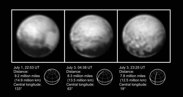 Three images of Pluto taken by New Horizons from July 1-3, 2015. The four large dark spots and "donut" feature can be seen in the third image. Image Credit: NASA/Johns Hopkins University Applied Physics Laboratory/Southwest Research Institute