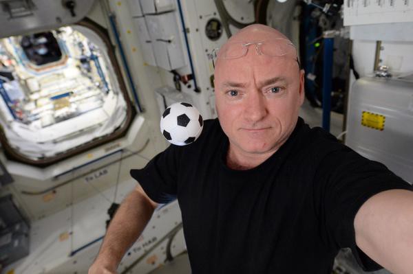 After six weeks alone, Scott Kelly was beginning to feel a little like Tom Hanks' character Chuck Noland in the 2000 movie, "Cast Away", even displaying his own "Wilson" football. Photo Credit: Scott Kelly/NASA/Twitter