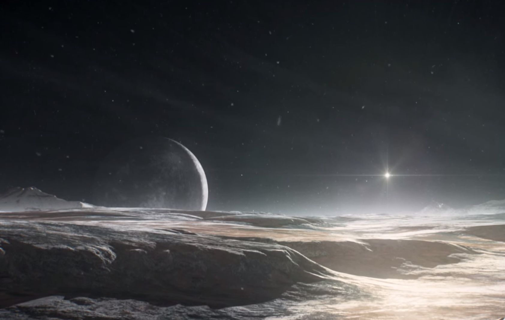 An artist's rendering of Pluto's surface, with Charon looming large on the horizon. The double-planet Pluto-Charon system, represent the last unexplored frontier of the Solar System, which will be unveiled in all its glory in just a few days from now. Image Credit: National Space Society