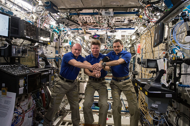 When Soyuz TMA-17M arrives at the International Space Station (ISS), Kononenko, Lindgren and Yui will be greeted by the incumbent Expedition 44 crew of (from left), Scott Kelly, Gennadi Padalka and Mikhail Kornienko. Photo Credit: NASA