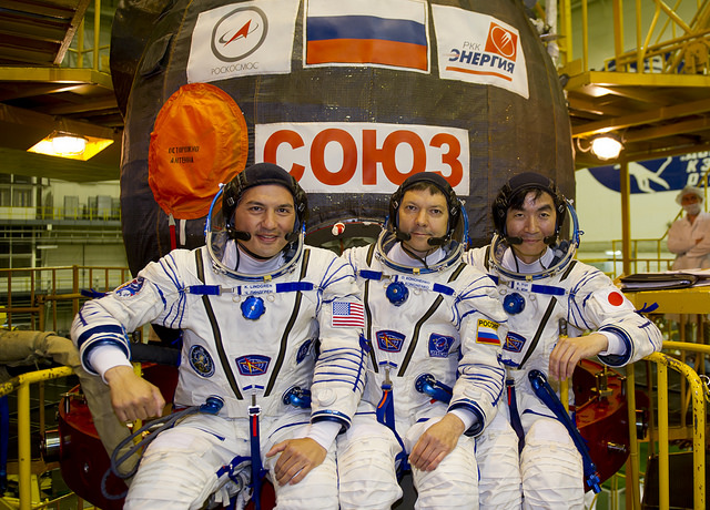 Soyuz TMA-17M Commander Oleg Kononenko (center) will be embarking on his third long-duration voyage to the International Space Station (ISS). By contrast, Flight Engineer-1 Kimiya Yui (right) and Flight Engineer-2 Kjell Lindgren are making their first flights. Photo Credit: NASA
