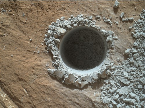 Drill hole in the Buckskin rock target, where Curiosity has detected high levels of silica and hydrogen. Photo Credit: NASA/JPL-Caltech