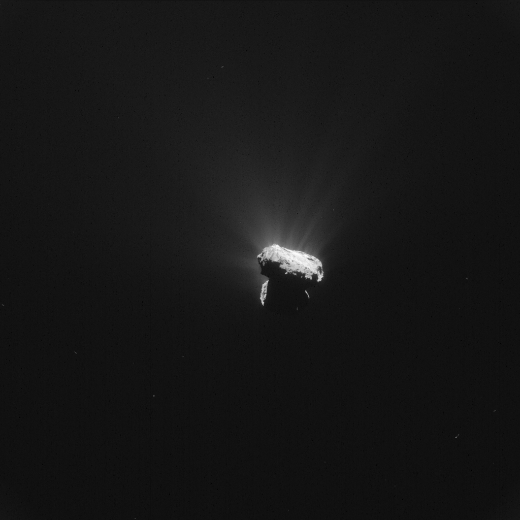 A COMET AT PERIHELION - From ESA: "This single frame Rosetta navigation camera image was acquired at 01:04 GMT on 13 August 2015, just one hour before Comet 67P/Churyumov–Gerasimenko reached perihelion – the closest point to the Sun along its 6.5-year orbit. The image was taken around 327 km from the comet. It has a resolution of 28 m/pixel, measures 28.6 km across and was processed to bring out the details of the comet's activity." Image Credit: ESA/Rosetta/NAVCAM – CC BY-SA IGO 3.0 