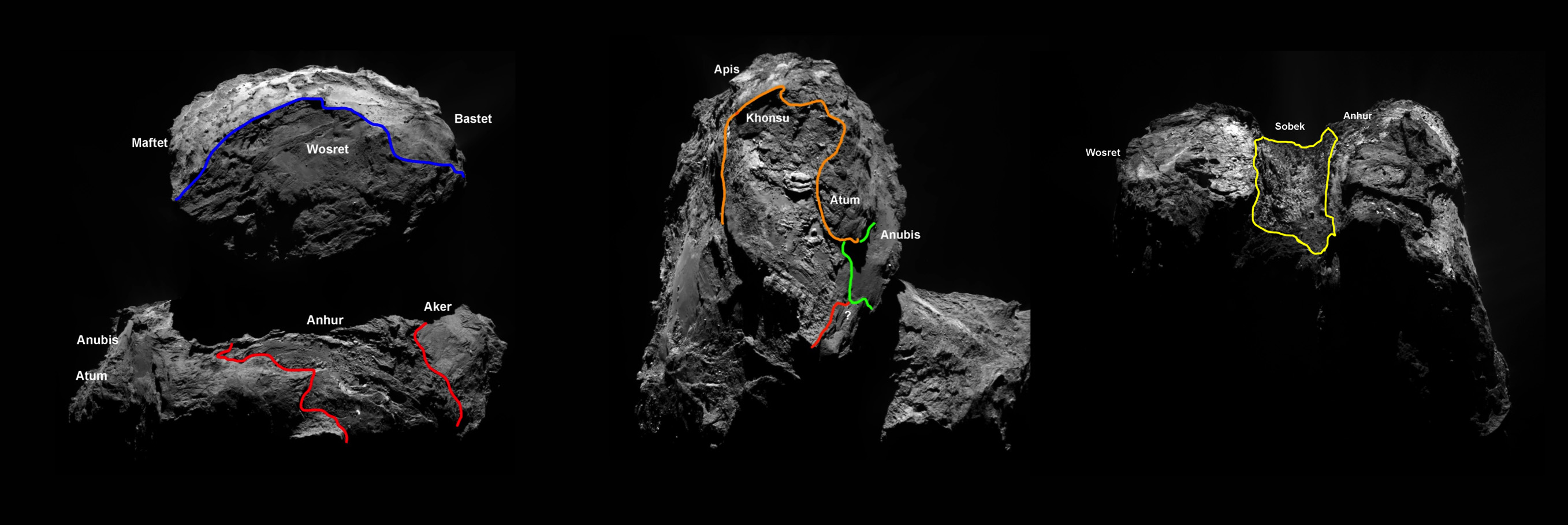 Rosetta has been able to make observations of Comet 67P's southern hemisphere since it has begun approaching perihelion. From ESA: "Four new regions, separated by distinct geomorphological boundaries, have been identified on the southern hemisphere of Comet 67P/Churyumov–Gerasimenko.  The complex season cycle on the comet means the southern hemisphere – which includes part of both comet lobes – had been undergoing winter for over five years. Around May 2015, seasons on the comet changed, throwing the southern hemisphere into a short – approximately 10 month – summer and revealing parts of the surface that were previously cast in shadow." Image Credit: ESA/Rosetta/MPS for OSIRIS Team MPS/UPD/LAM/IAA/SSO/INTA/UPM/DASP/IDA