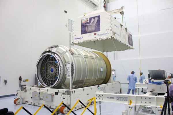 Cygnus' Pressurized Cargo Module arrives at KSC ahead if the OA-4 mission. Photo Credit: Orbital ATK