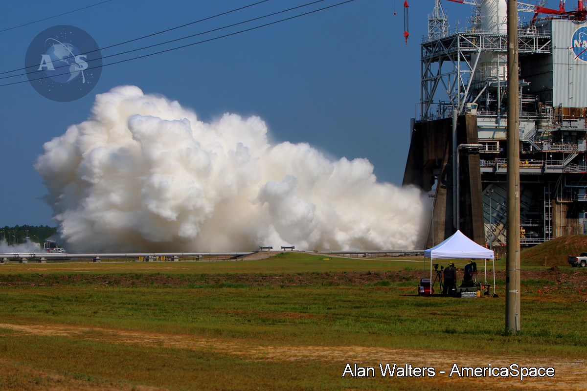 Today's RS-25 test fire, the sixth in a seven-test series focusing on upgrades made to the engine to support the new requirements of NASA's massive SLS rocket. Photo Credit: Alan Walters / AmericaSpace