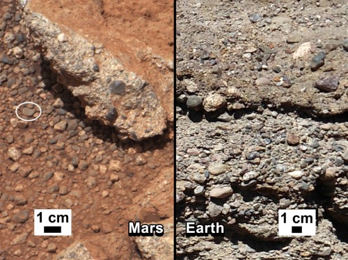Comparison of conglomerate rock formed by flowing stream water on Earth (right) with similar rock found on Mars by Curiosity (left). Image Credit: NASA/JPL-Caltech/MSSS