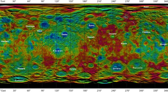 From NASA: "This color-coded map from NASA's Dawn mission shows the highs and lows of topography on the surface of dwarf planet Ceres. It is labeled with names of features approved by the International Astronomical Union." Image Credit: NASA/JPL-Caltech/UCLA/MPS/DLR/IDA