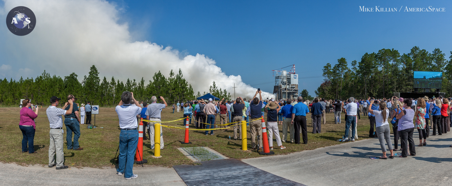 Panorama of the Aug. 13 RS-25 engine test fire for NASA's SLS program, from the media viewing area about 2,000 feet from the A-1 test stand. Photo Credit: Mike Killian / AmericaSpace