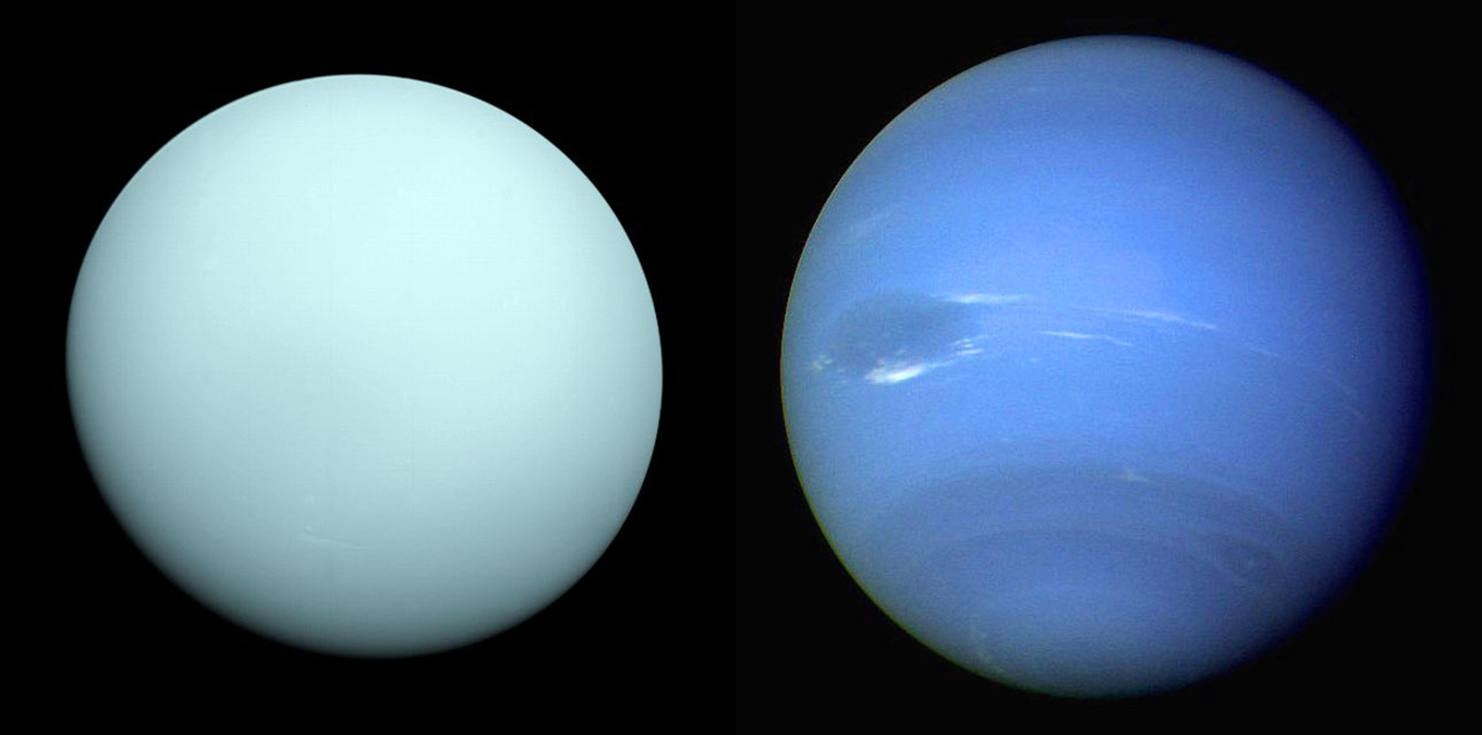 Uranus (left) and Neptune (right). These two ice giants and their many moons are awaiting further exploration. Image Credit: NASA