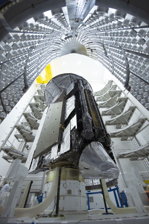 MUOS-4, the next satellite scheduled to join the U.S. Navy’s Mobile User Objective System (MUOS) secure communications network, has been encapsulated in its protective launch vehicle fairing for its August 31 launch from Cape Canaveral Air Force Station. Photo Credit: ULA