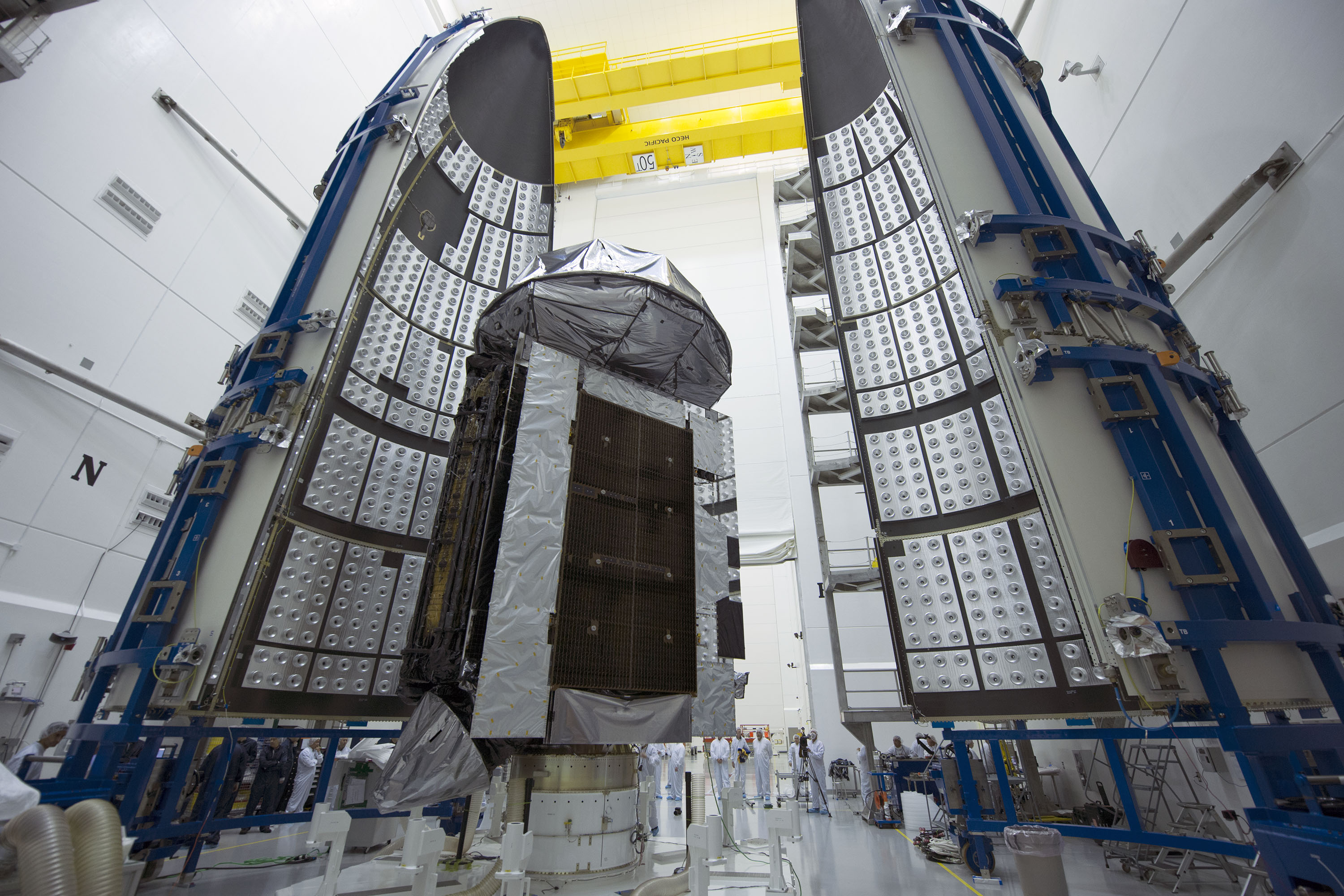 MUOS-4, the next satellite scheduled to join the U.S. Navy’s Mobile User Objective System (MUOS) secure communications network, has been encapsulated in its protective launch vehicle fairing for its August 31 launch from Cape Canaveral Air Force Station. Photo Credit: ULA