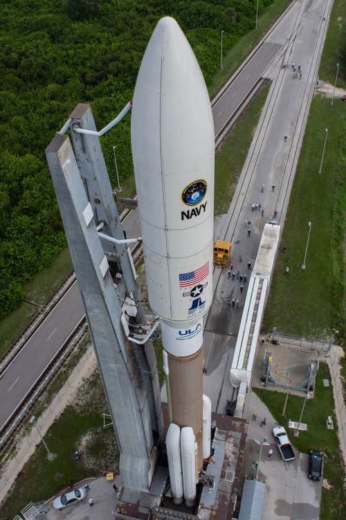 An Atlas-V 551 rocket with the Navy’s fourth Mobile User Objective System (MUOS-4), is rolled from the Vertical Integration Facility to the pad at Space Launch Complex-41. Photo Credit: ULA